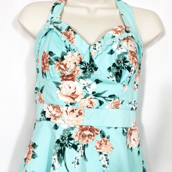 NEW Hot Topic Mint Floral Halter Rockabilly Retro Swing Crinoline Dress Size XL - Picture 6 of 15